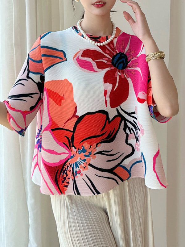 A-Line Half Sleeves Flower Print Pleated Round-Neck T-Shirts Tops