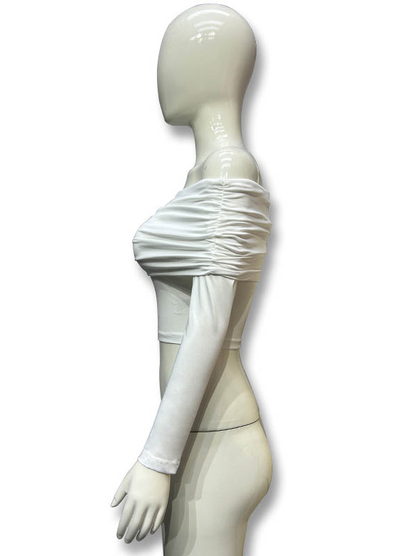 Skinny Pleated See-Through Solid Color Split-Joint Off-The-Shoulder T-Shirts