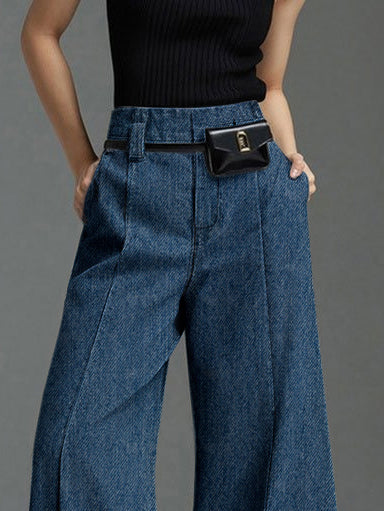 Wide Leg No Belt Solid Color Split-Front Jean Pants Bottoms Trousers