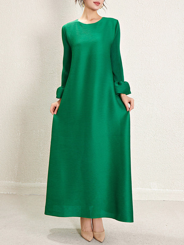 A-Line Loose Pleated Solid Color Round-Neck Maxi Dresses