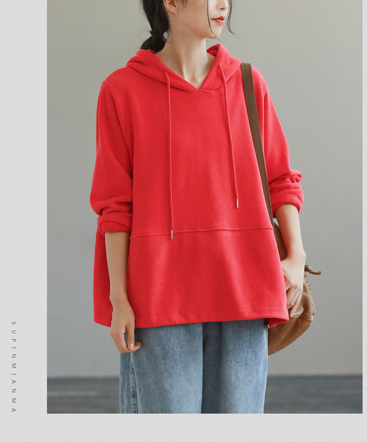 Loose Solid Color Hooded Long Sleeve Sweater