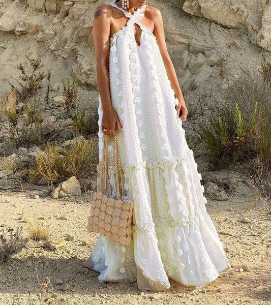 Fashion Hanging Neck Decorative Flowers Mopping Cake Dress