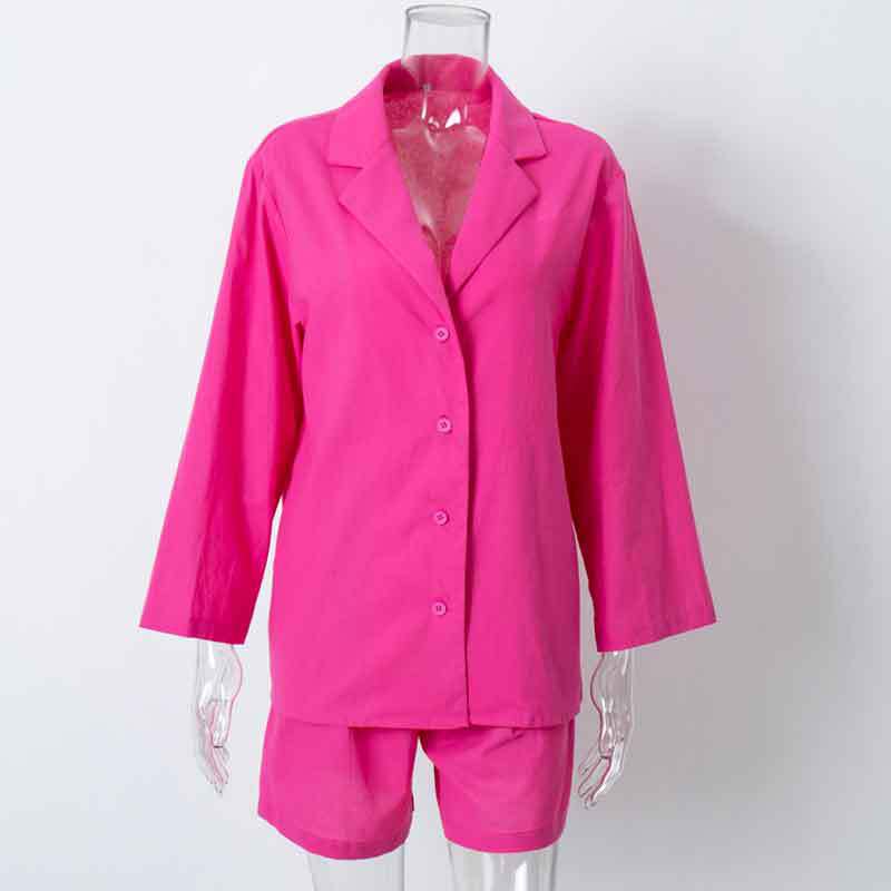 Cotton shorts suit women's lapel loose single-breasted Shirt high waist straight pants two-piece set