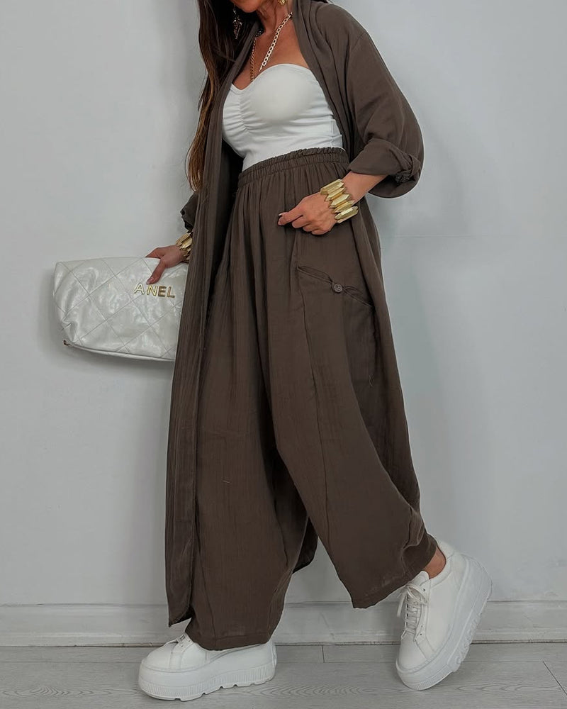 Casual Long Cardigan & Pants Two-piece Set