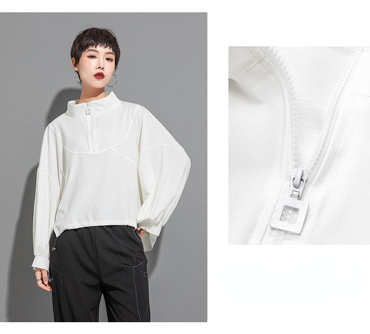 Casual Splicing Bat Sleeve Zipper T-shirt