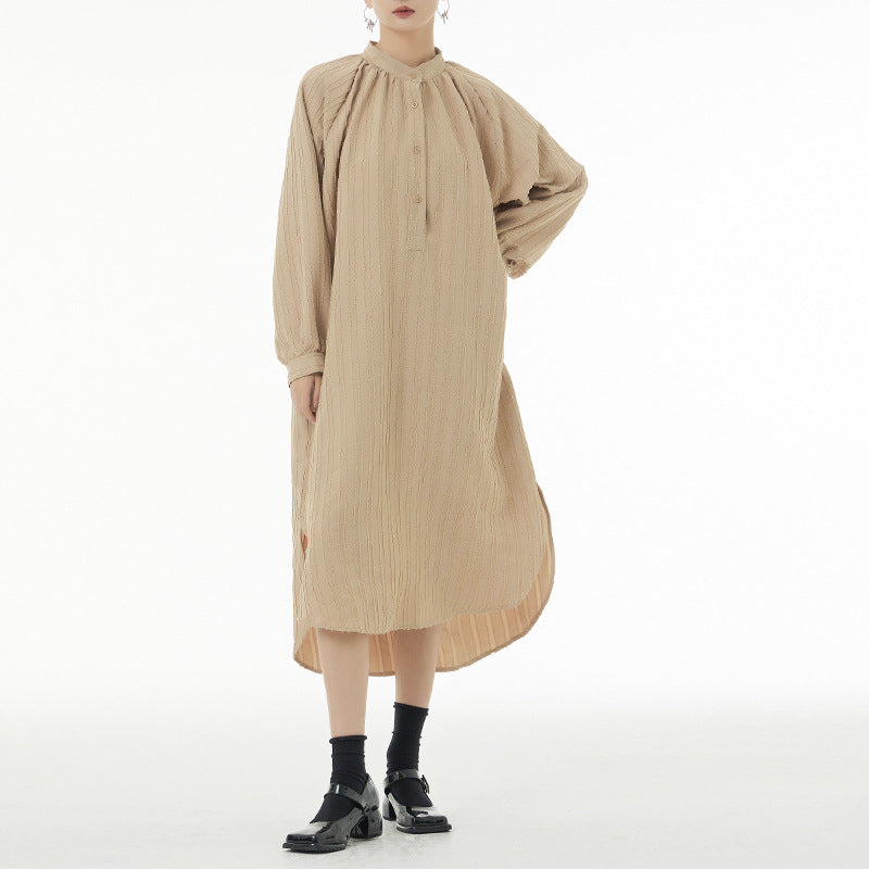 Asymmetric Striped Stand Collar Long Sleeve Midi Dress