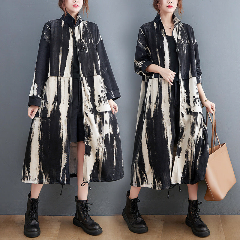 Casual Printed Long Sleeve Stand Collar Coat