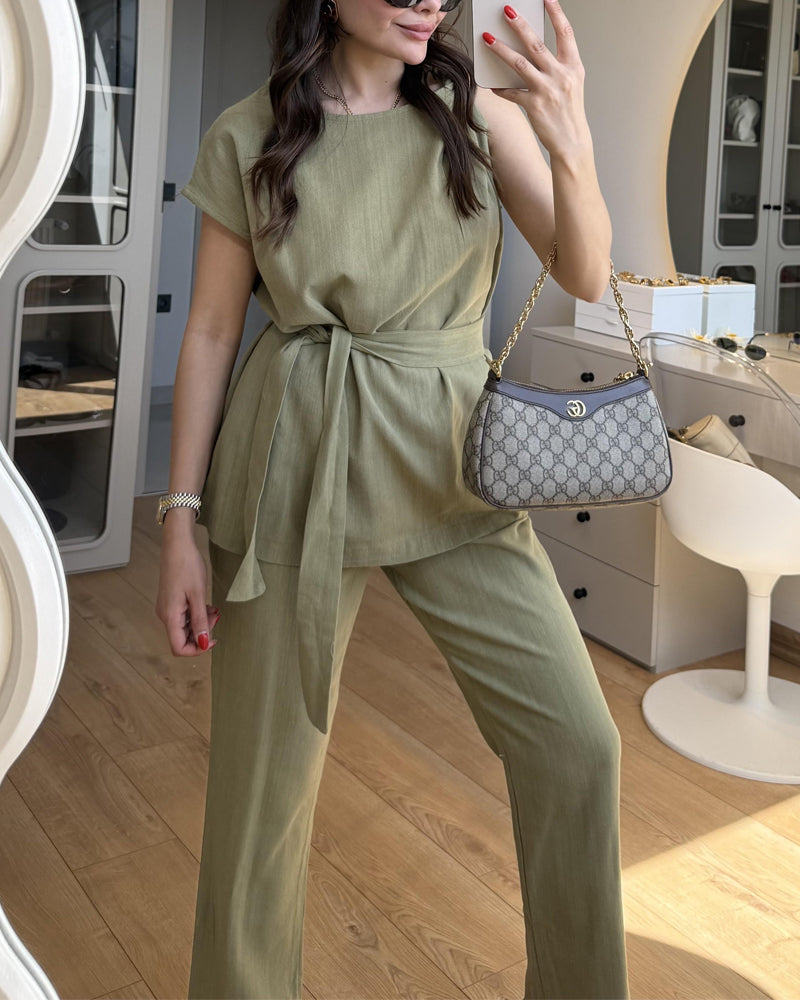 Solid Color Design One-Sleeve Top & Pants Two-Piece Set