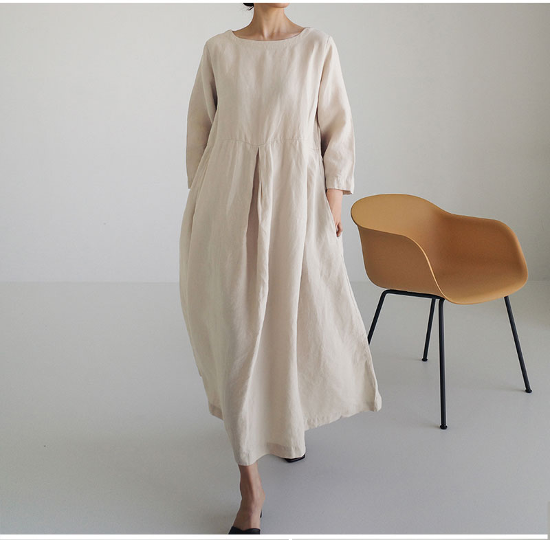 Simple Cotton Linen Style Long Sleeve Maxi Dress