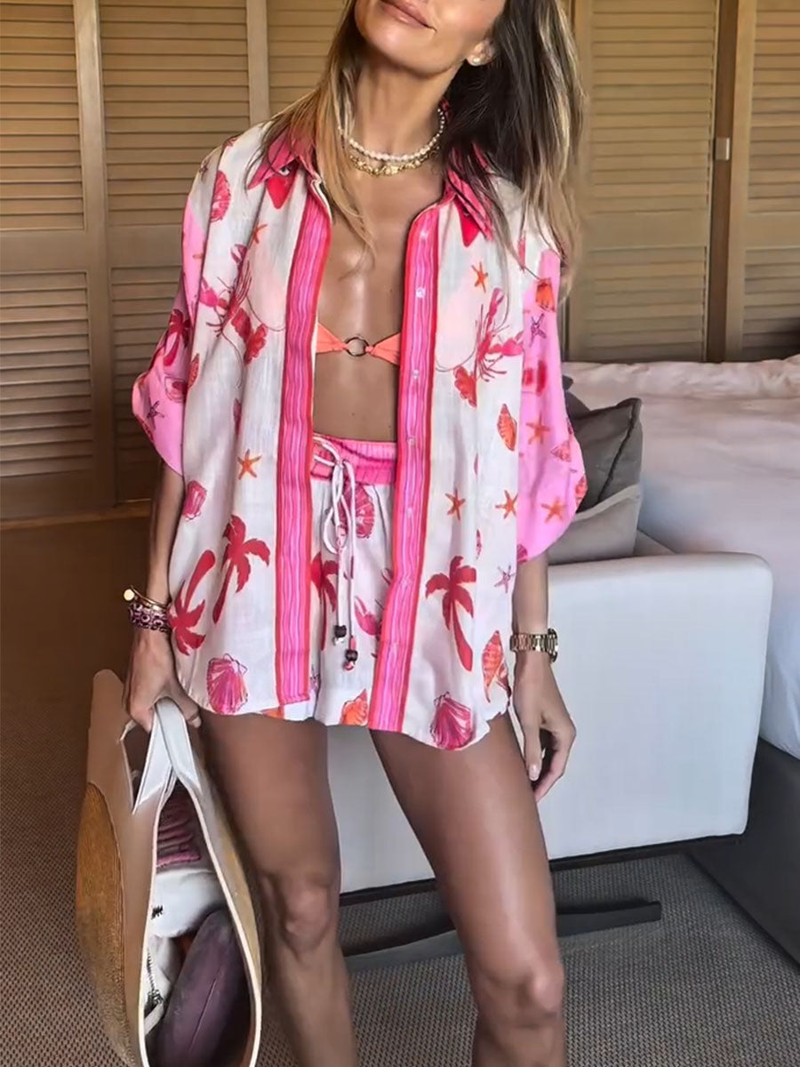 Vacation lobster print casual two-piece set