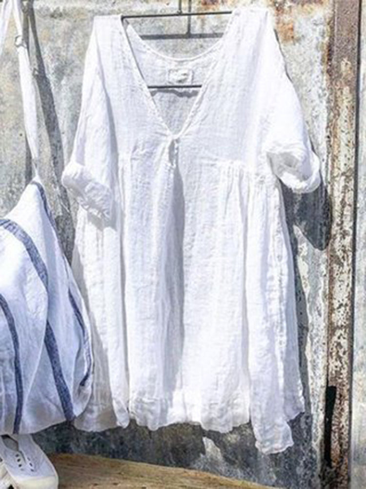 Solid Color Cotton Linen Comfy Casual Midi Dress