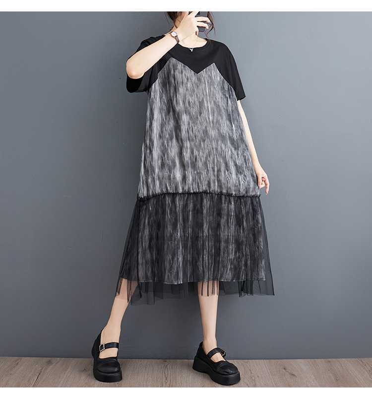 Literary Mesh Splicing Short Sleeve Midi Dress