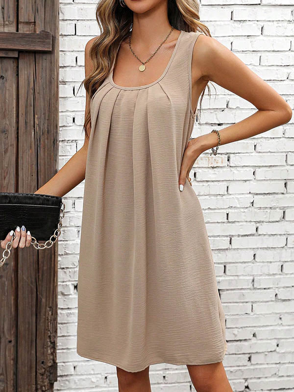 A-Line Loose Pleated Solid Color U-Neck Mini Dresses
