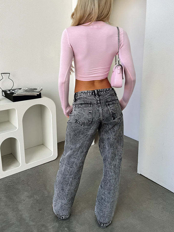 High Waisted Straight Leg Split-Joint Jean Pants Bottoms