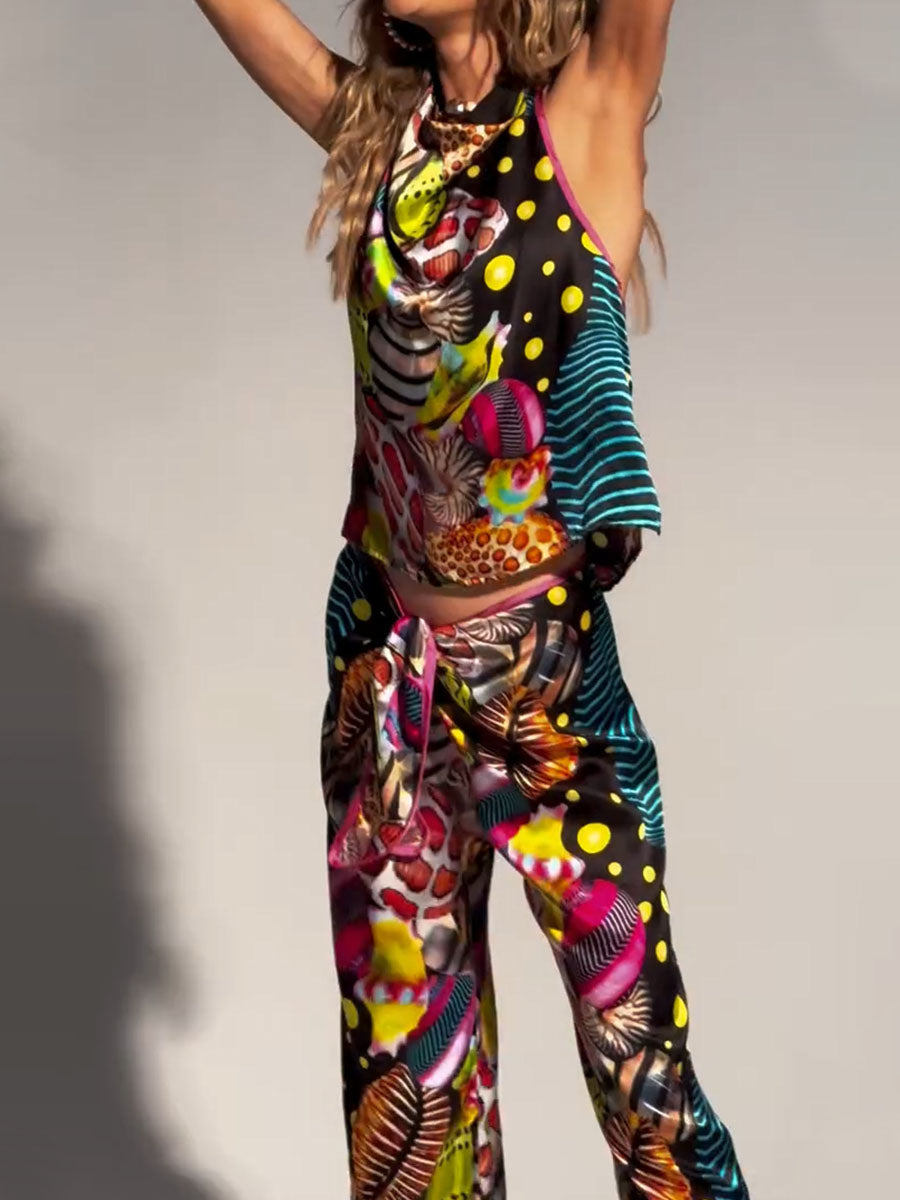 Abstract printed backless slim fit two-piece set