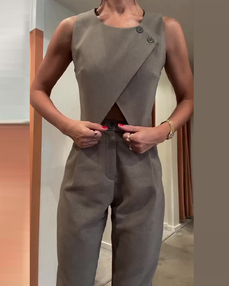 Solid Crewneck Top & Pants Two-Piece Set