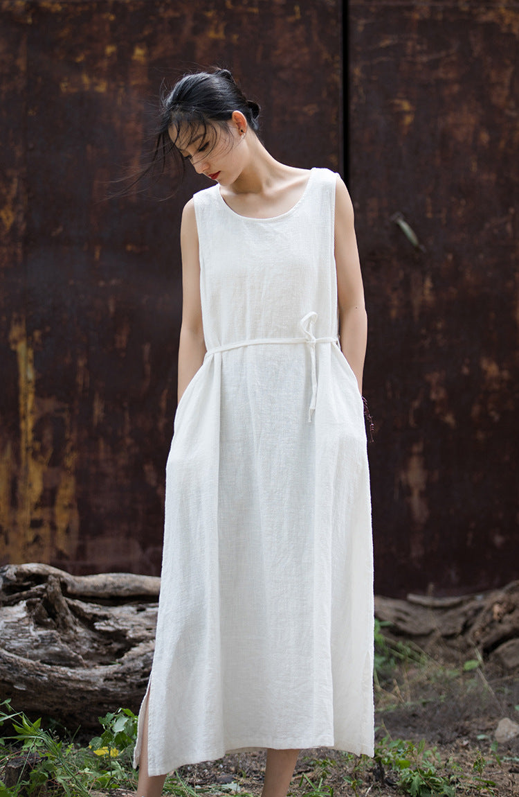 Simple Ramie Sleeveless Lace-up Midi Dress