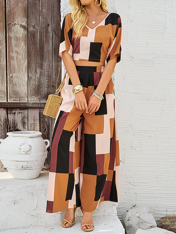 Half Sleeves Backless Contrast Color Tied V-Neck  T-Shirt Top + Pockets High Waisted Pants Bottom Two Pieces Set