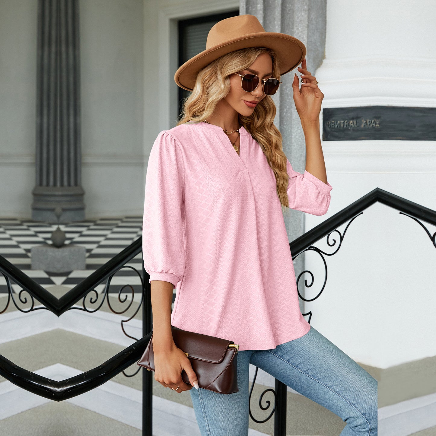 Autumn and Winter new solid color and V-neck jacquard 3/4 sleeve loose-fitting T-shirt top women