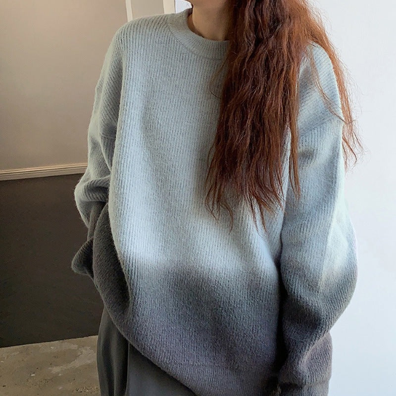 Literary Gradient Color Round Neck Knit Sweater