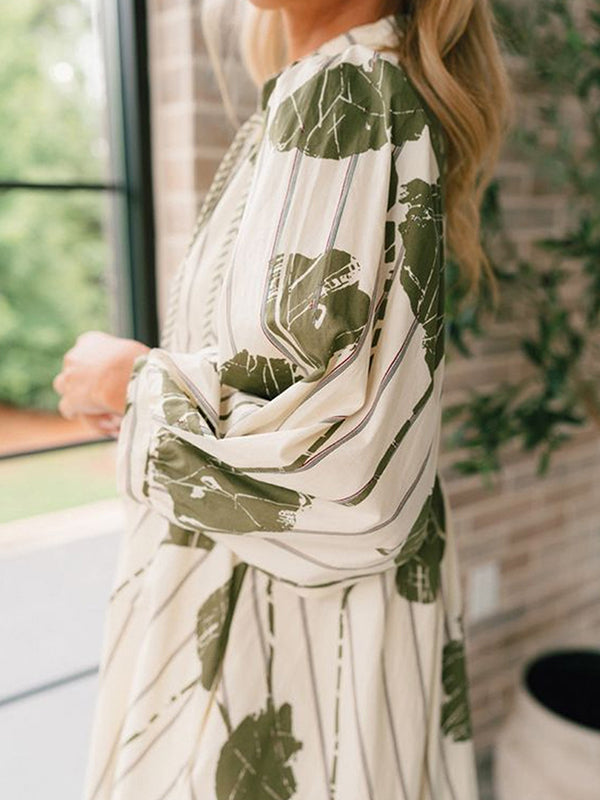 High Waisted Long Sleeves Printed Tied V-Neck Mini Dresses