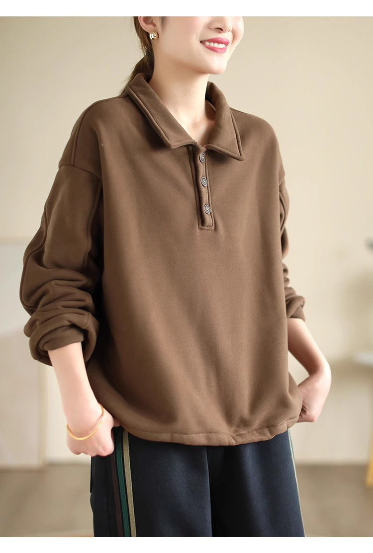 Literary Solid Color Cotton Long Sleeve Sweatshirt