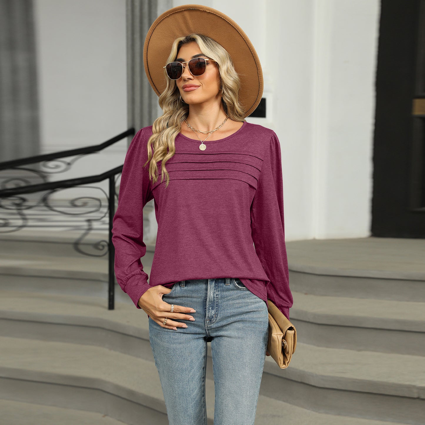 Women's autumn and winter solid color U-neck pleated long-sleeved T-shirt top