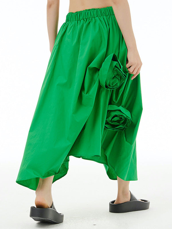 Loose Asymmetric Elasticity Solid Color Three-Dimensional Flower Skirts Bottoms