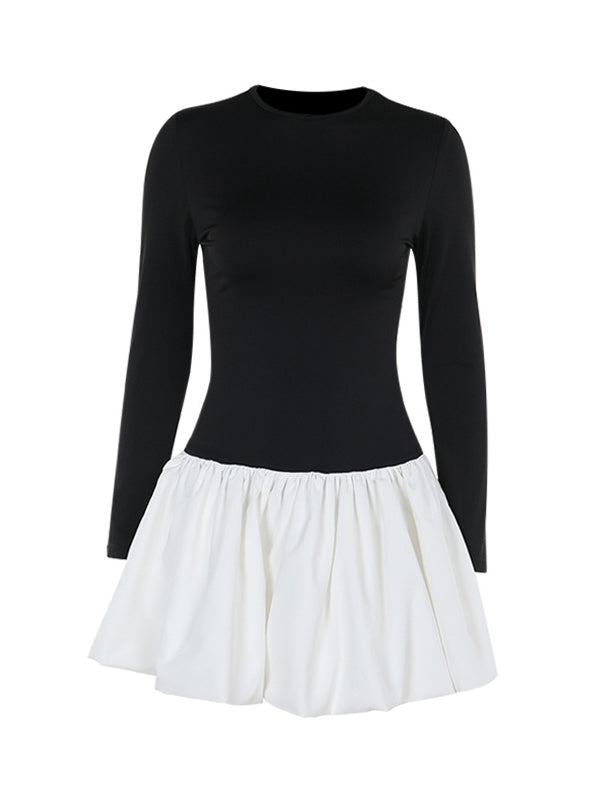Long Sleeves Skinny Contrast Color Pleated Split-Joint Round-Neck Mini Dresses
