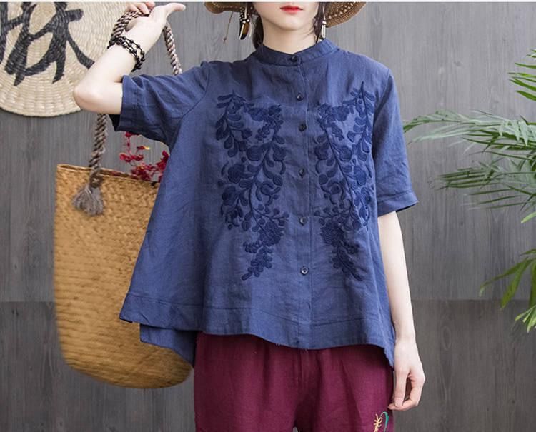 Loose Cotton Embroidered Short Sleeve Stand Collar Shirt