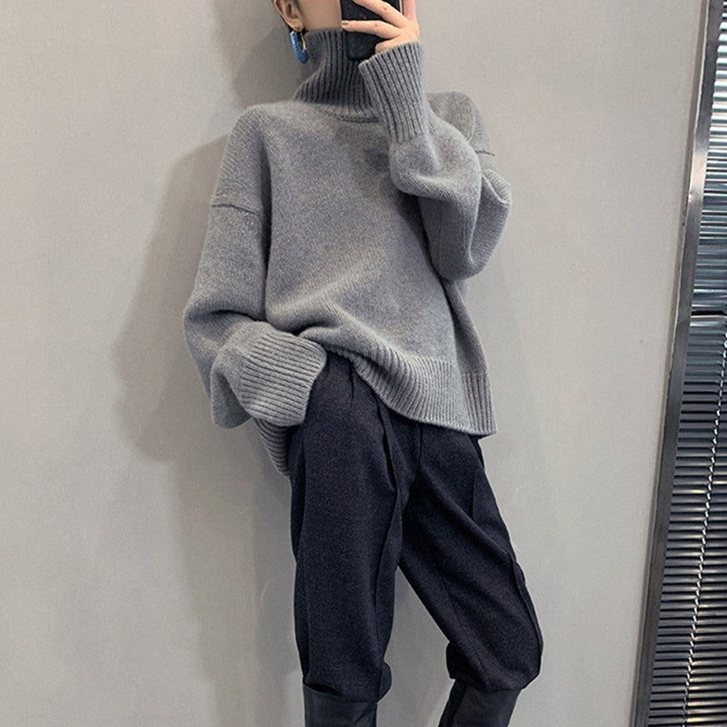 Loose Solid Color Turtleneck Wool Knit Sweater