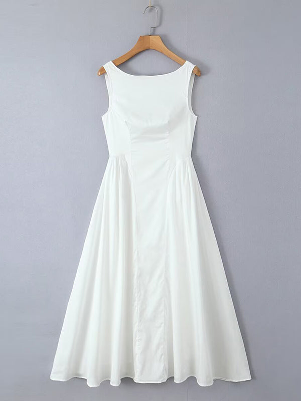 A-Line Loose No Belt Pleated Solid Color Zipper Round-Neck Midi Dresses