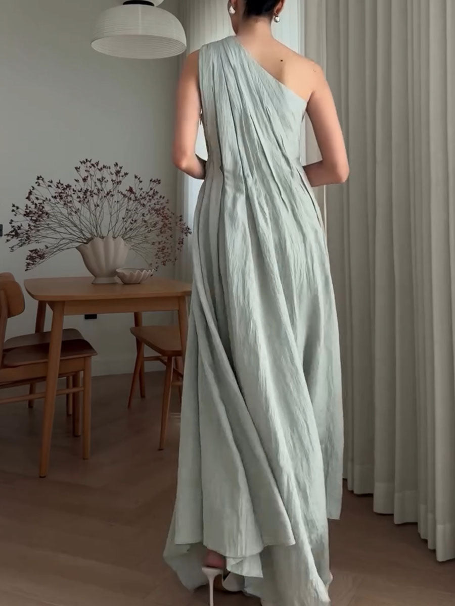 Pleated one-shoulder cotton and linen dress