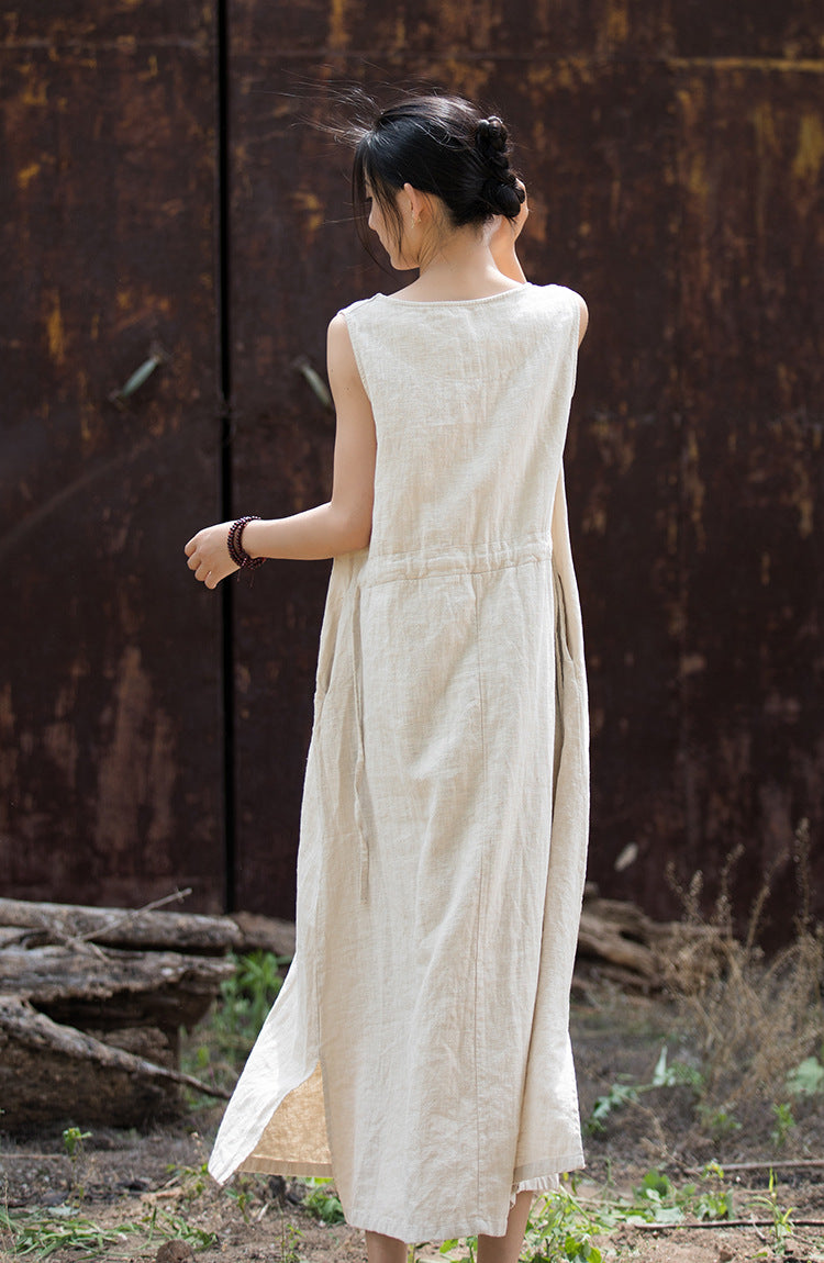 Simple Ramie Sleeveless Lace-up Midi Dress