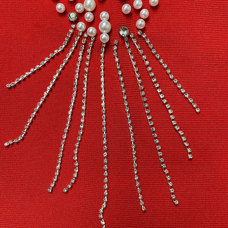 Bandage women's sexy hollow-out camisole tassel rhinestone waist dress evening dress