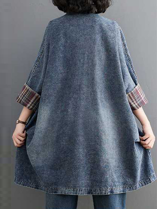 Long Sleeves Loose Buttoned Plaid Pockets Split-Joint V-Neck Denim Outerwear