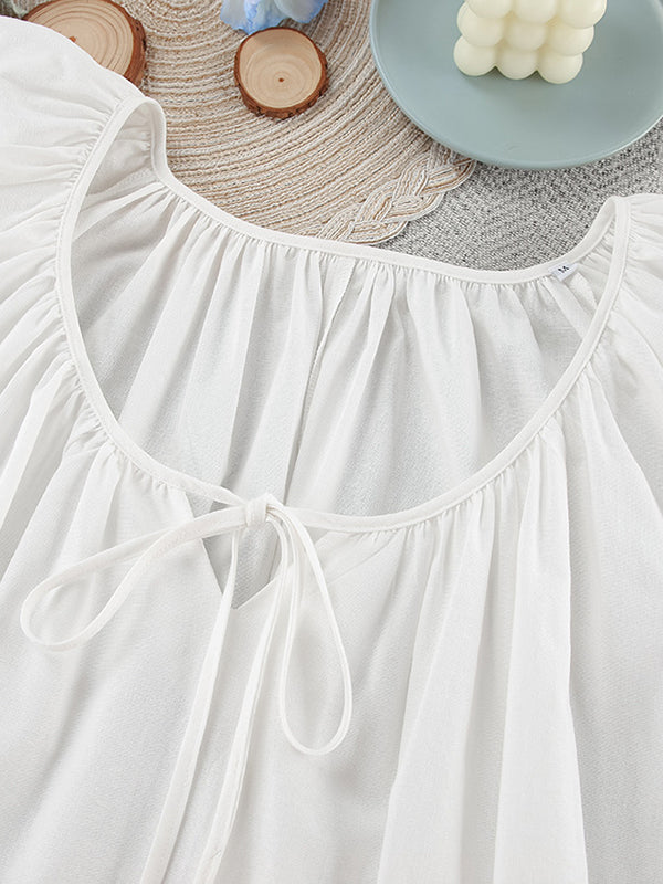 Loose Puff Sleeves Lace-Up Pleated See-Through Solid Color V-Neck Mini Dresses Sleep Dress