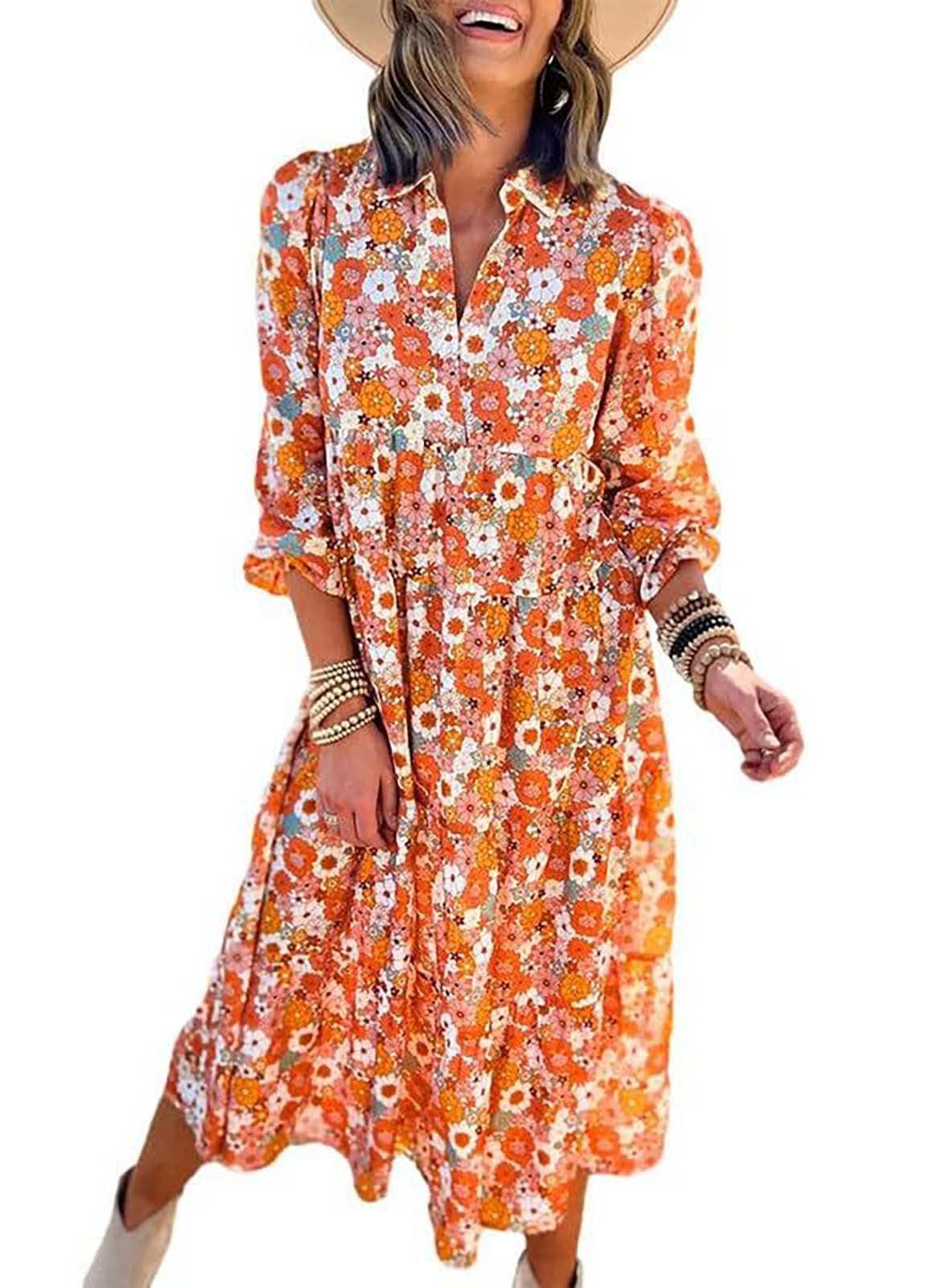 Women's V Neck Pleated Floral Print Dress With Pockets（Buy 2 Free Shipping）