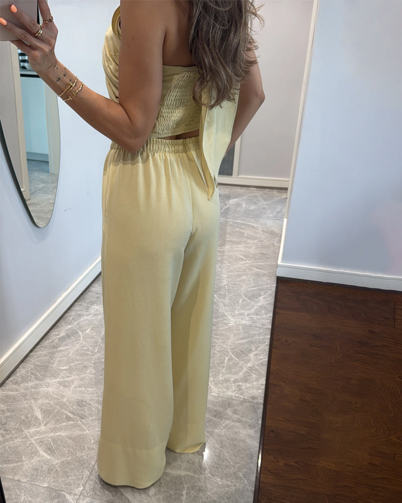 Casual Solid Color Lace-Up Top & Pants Two-Piece Set