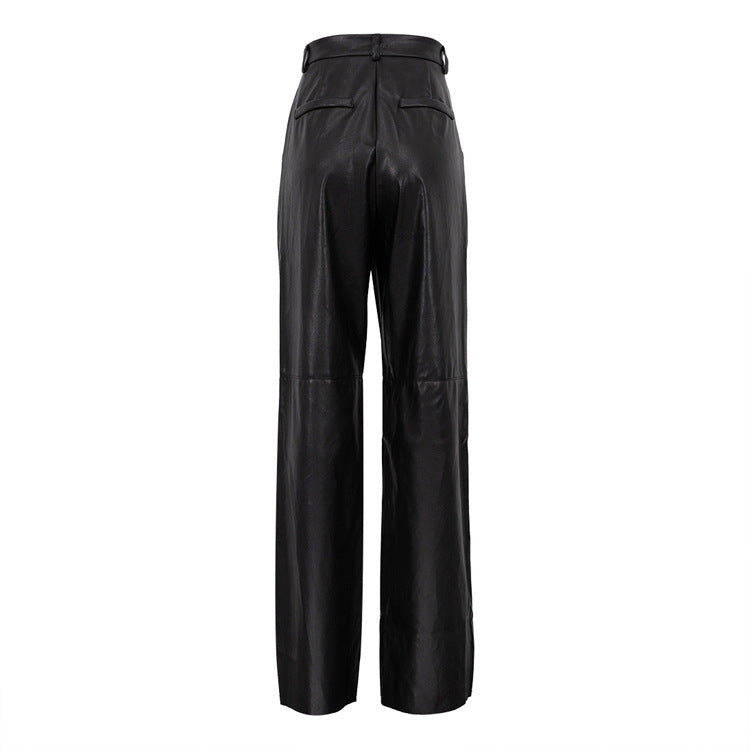 Autumn fashion PU leather mid-high waist hip lifting straight women's casual pants length leather pants