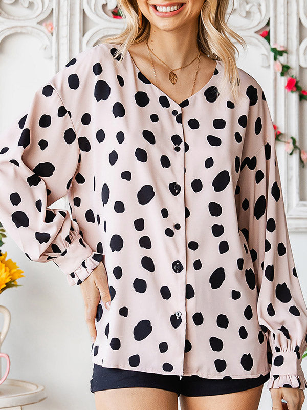 Long Sleeves Loose Buttoned Pleated Polka-Dot V-Neck Blouses&Shirts Tops