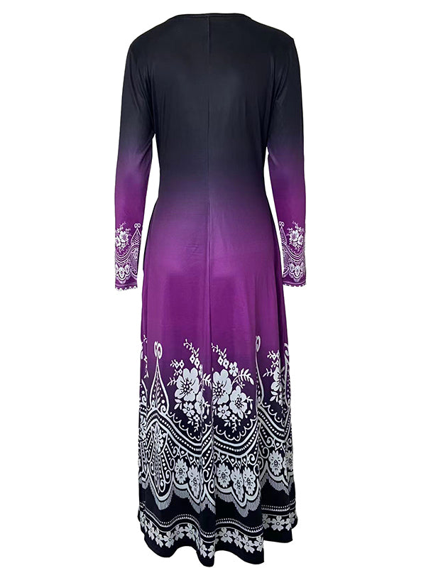 Long Sleeves Contrast Color Floral Printed Round-neck Maxi Dresses