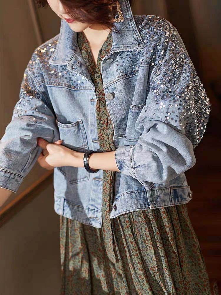 Foreign Trade Southeast Asia Spring and Summer New Fashion Sequin Denim Coat Women's European Station Short Loose Jacket Tide