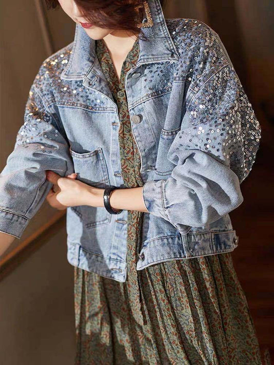 Foreign Trade Southeast Asia Spring and Summer New Fashion Sequin Denim Coat Women's European Station Short Loose Jacket Tide