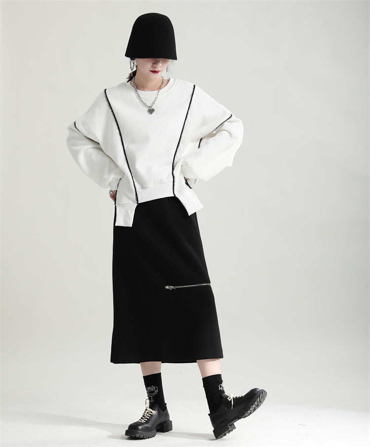 Irregular Splicing Round Neck Long Sleeve Velvet Sweatshirt