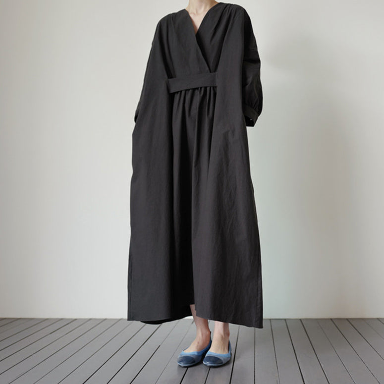 Loose Cross Neck Waist Pleats Long Sleeves Maxi Dress