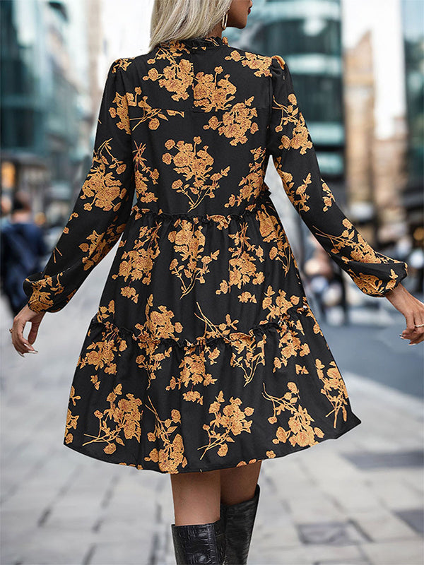 A-Line High Waisted Elasticity Flower Print Split-Joint Round-Neck Mini Dresses