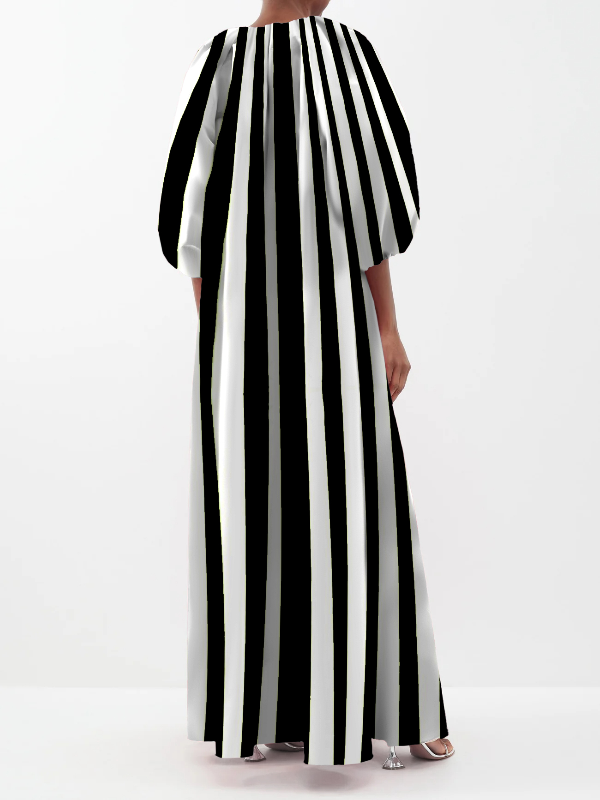 Irregular Stripe Printing V-Neck Puffy Sleeves Loose Maxi Dress