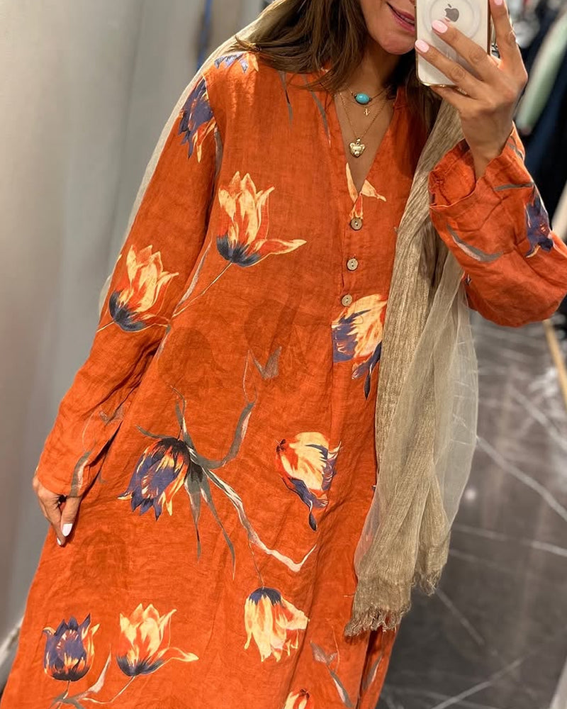 Casual V-Neck Loose Printed Dress