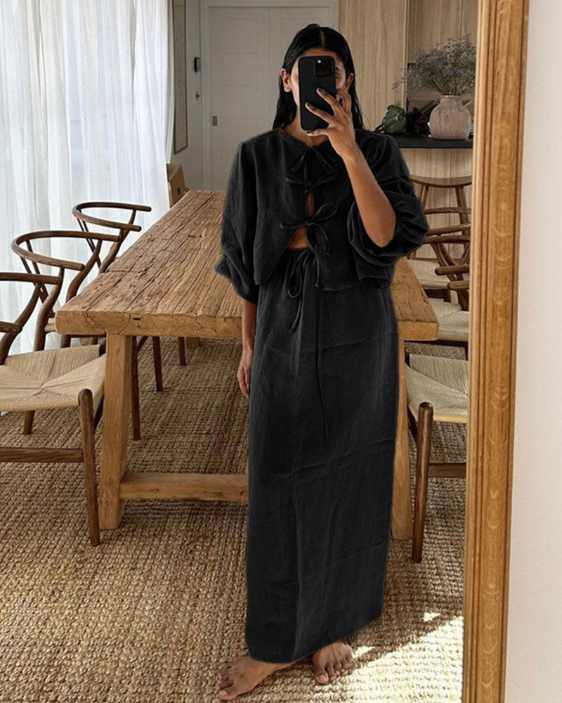 Retro puff sleeve two piece set